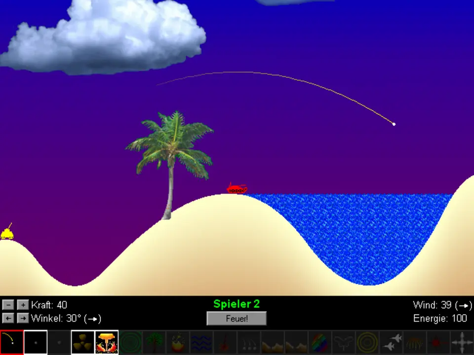 Tank Blaster II Screenshot mit Wasser, Landschaft und Projektilspur